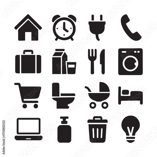 A versatile set of black glyph icons representing daily life, household objects, and essential services for modern interface design