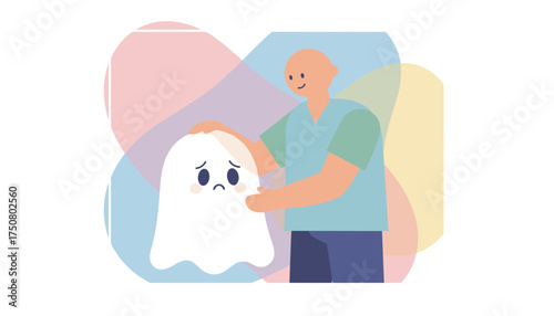 Person comforting a sad ghost symbolizing empathy and emotional support in a gentle way