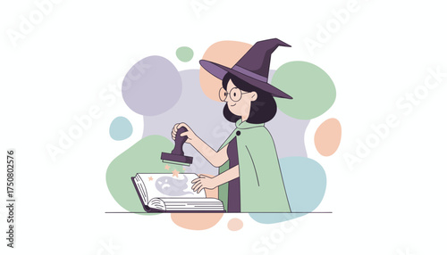 A whimsical witch stamps a magic spell book perfect for fantasy Halloween or education