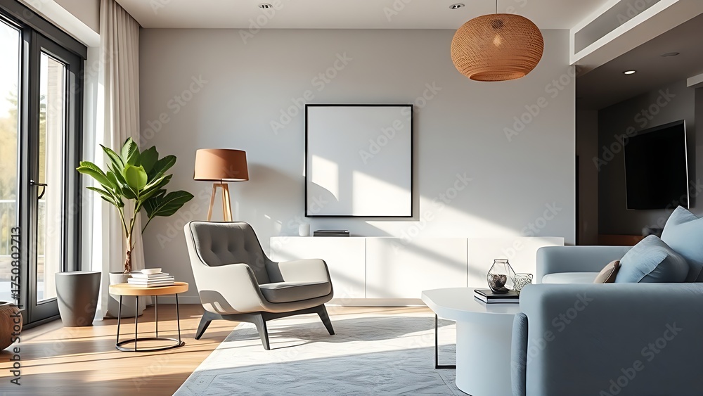 Fototapeta premium Modern living room with stylish armchair, contemporary interior design, cozy atmosphere.