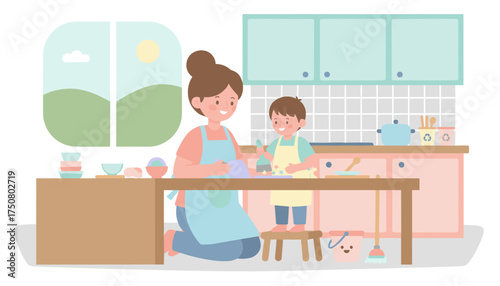 Happy mother and child cleaning together in a bright kitchen showcasing family bonding and domestic life
