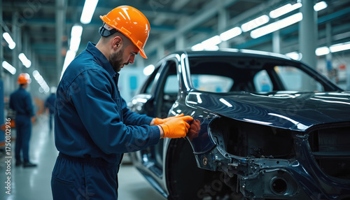 Worker in uniform, hard hat polishes car body. Man inspects vehicle paint at modern auto factory production line. Engineer works on new automobile manufacturing, ensuring high quality during assembly