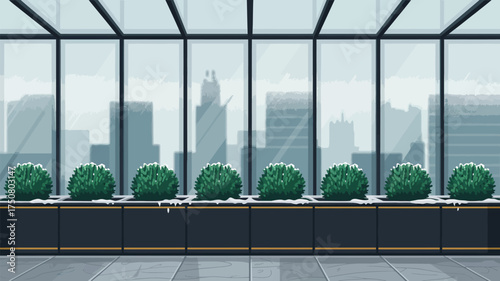 A row of potted plants with snow on them in front of a large window overlooking a city skyline view