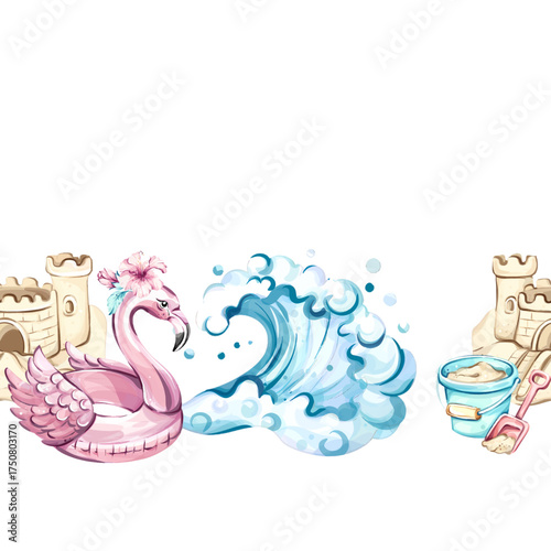 Summer vacation vibes with seamless pattern beach elements, flamingo float, sandcastle, wave, and playful arrangement for festive decoration and wallpaper design