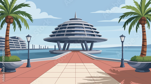 A cartoon illustration of a waterfront building with palm trees and a tiled walkway near water