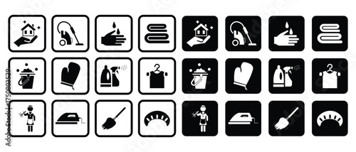 Home cleaning silhouette icons, hand wash, sanitizer bottle, cloth cleaning, vacuum cleaner, wash symbols and more. Solid style icons for health and hygiene. Vector illustration.