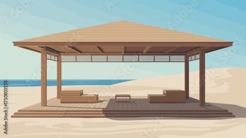 A wooden gazebo on a sandy beach with seating and ocean view under a clear blue sky on a sunny day scene