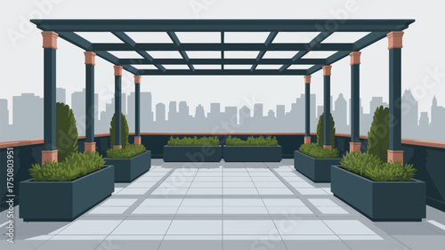 A rooftop patio with a pergola and planters overlooking a city skyline in a vector illustration