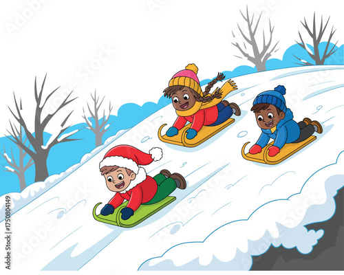 Joyful diverse children having fun sledding down a snowy hill during winter playtime