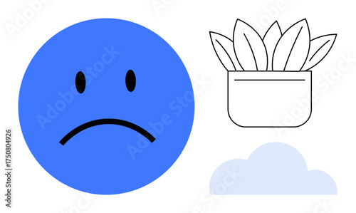 Blue sad face contrasts with outlined potted plant and soft cloud. Ideal for emotions, sadness, mental health, reflection, simplicity, mindfulness, digital design. Minimal aesthetic simple flat