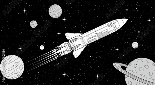 Cosmic Voyager: A rocket ship soars through the cosmos, leaving a trail of light, amidst stars and planets, symbolizing exploration and the boundless nature of the universe. 
