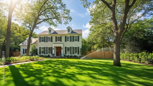 A sunlit, two-story house with shutters sits on a manicured lawn under a partly cloudy blue sky, framed by large trees