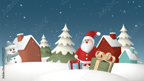 Winter Wonderland in Christmas eve with 3D cute Santa Claus and gift boxes have snowfall graphic illustration.