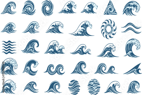 Large vector set of detailed blue water wave icons, ocean surf, and sea swirl graphic elements.
