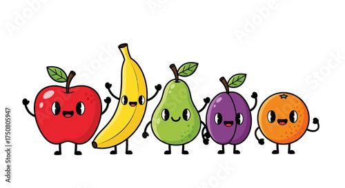 Illustration of cute cartoon fruits standing together isolated on white background