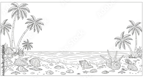Tropical Beach Scene: A serene and detailed line art illustration of a tropical beach, featuring palm trees swaying gently, shells scattered along the shore.