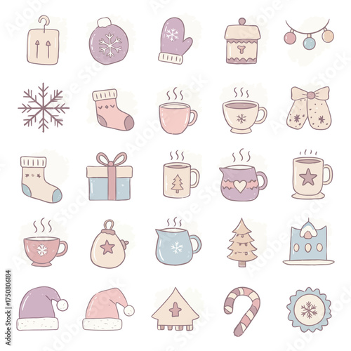 Cute Handdrawn Winter Holiday Element Icon Set in Pastel Color