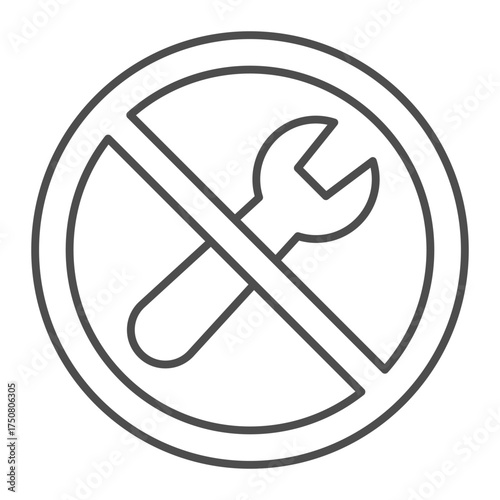 Wrench ban thin line icon, repair concept. Vector graphics. Forbidden, prohibited item sign on white background, outline style icon for mobile or web design.