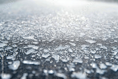 Tiny ice fragments shine on the dark pavement after a recent winter storm in the early morning, creating a sparkling scene