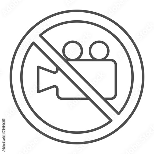 Reel to reel video camera ban thin line icon, retro camera concept. Vector graphics. Prohibited item sign on white background, outline style icon for mobile or web design.