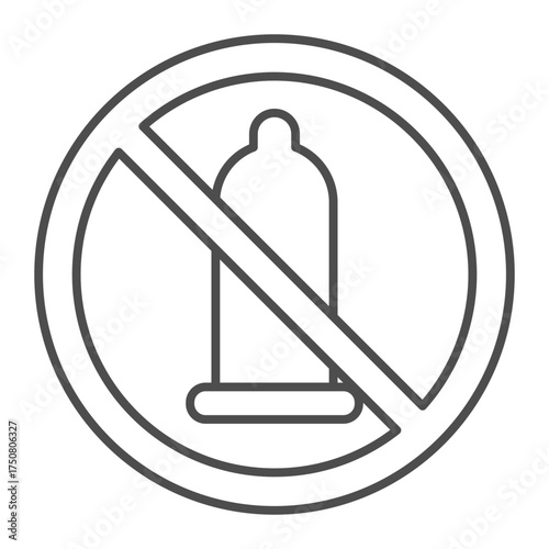 Condom ban thin line icon, protection concept. Vector graphics. Forbidden, prohibited item sign on white background, outline style icon for mobile or web design.
