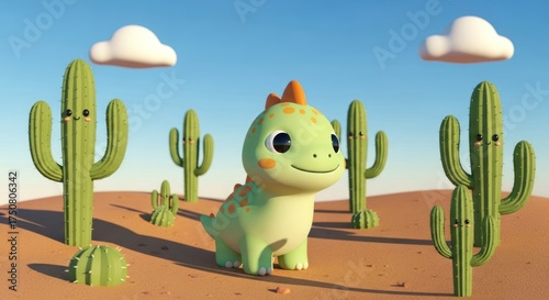 Whimsical cartoon dinosaur amidst smiling cacti in a serene desert landscape