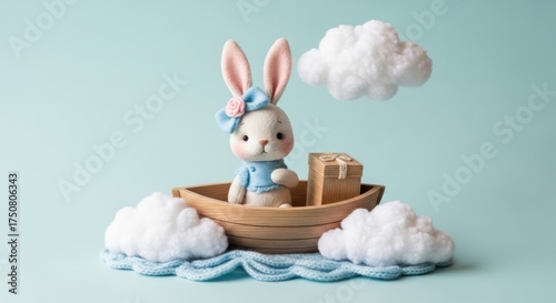 Dreamy bunny sailing among cotton clouds on a sea of knitted waves with a special gift