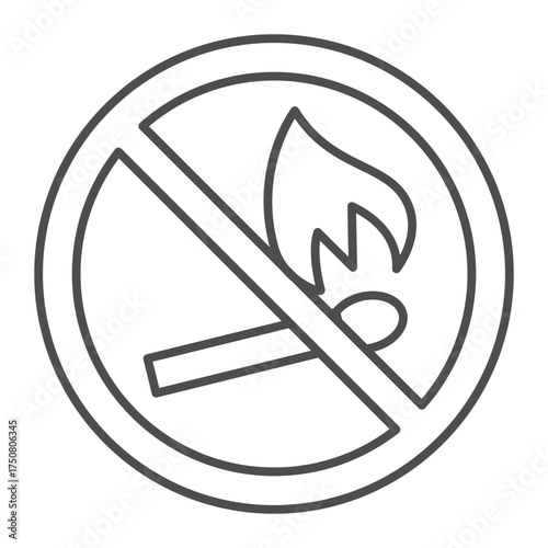 Match with fire ban thin line icon, lit match concept. Vector graphics. Forbidden, prohibited item sign on white background, outline style icon for mobile or web design.
