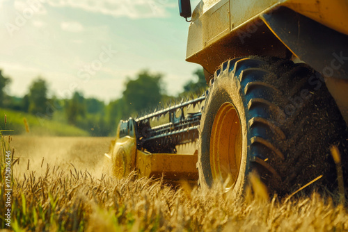 A large tractor cuts through golden fields as the sun sets, sending up clouds of dust and highlighting the rural landscape