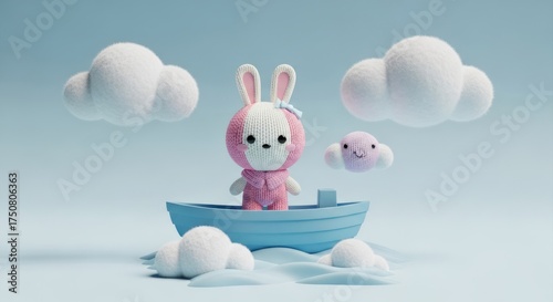 Whimsical nautical adventure with a knitted bunny sailing through fluffy dream clouds in a blue boat
