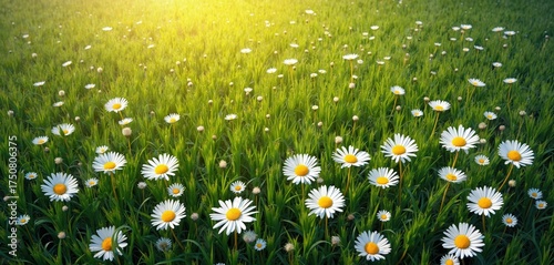 Photo displays daisies field bathed in sunlight. Green grass around white flowers with yellow centers creates natural scenic view. Spring season, sunny day in the meadow.