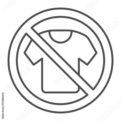 T-shirt ban thin line icon, wash and clean cloth concept. Vector graphics. Forbidden, prohibited item sign on white background, outline style icon for mobile or web design.