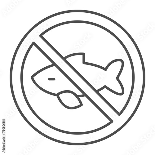 Fish ban thin line icon, seafood concept. Vector graphics. Forbidden, prohibited item sign on white background, outline style icon for mobile or web design.