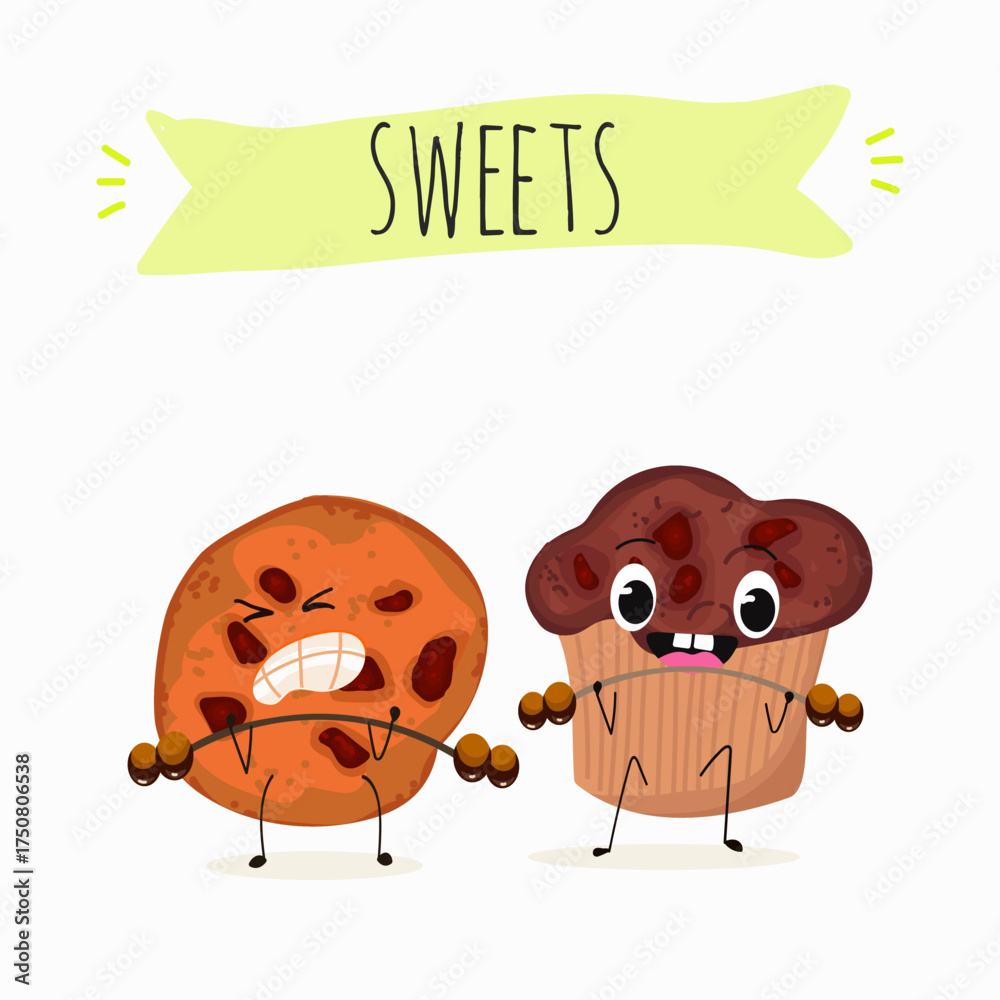 Obraz premium Sweets, bakery funny characters, hand drawn vector illustration.