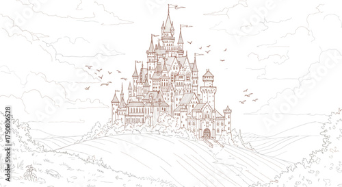 Magnificent Castle Illustration: An elaborate drawing of a grand castle, perched atop a hill with detailed architectural features. and a touch of fantasy