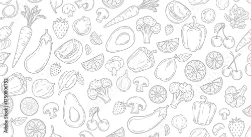 Illustration of assorted fresh fruits and vegetables pattern isolated on white background