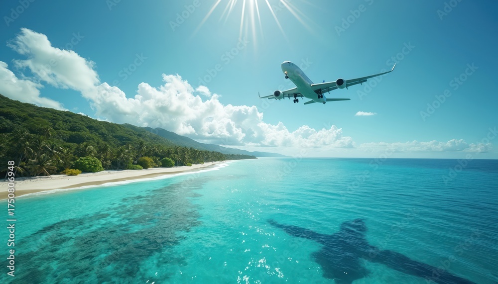 Naklejka premium Airplane flies above tropical lagoon. Aircraft shadow over blue ocean water near exotic island. Paradise vacation travel destination. Commercial aviation flight concept with airliner over sea beach.