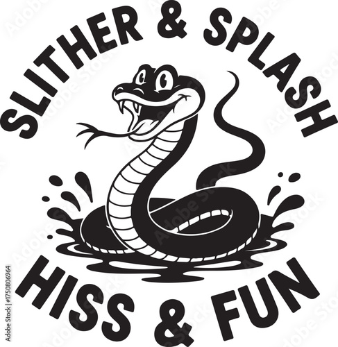 Cartoon snake in water with text Slither Splash Hiss Religious Symbol vector