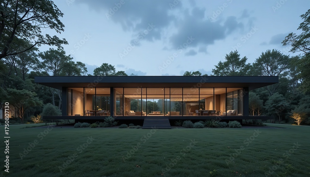 Fototapeta premium Modern minimalist home with expansive glass walls nestled in lush greenery at dusk