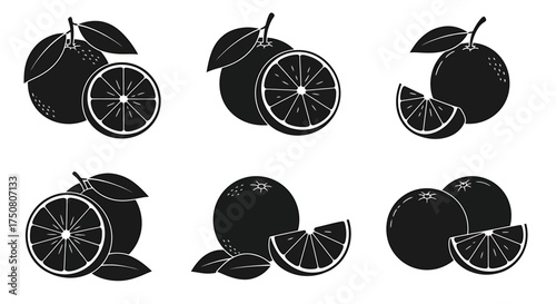 Illustration of set of black orange icons on a white background