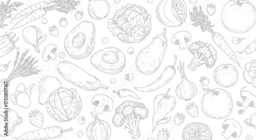 Illustration of artistic pattern of sketched vegetables and fruits isolated on white background