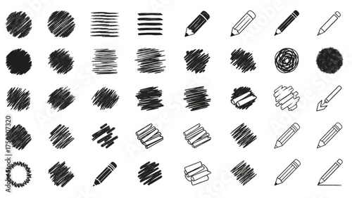 Collection of Hand-Drawn Scribbles, Pencils, and Paper Icons