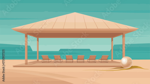 A beach scene with a gazebo and chairs under it and a ball on the sand near the gazebo area