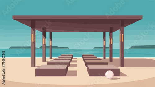 Beach scene with cabana lounge chairs and a ball overlooking the sea in a minimalist style art