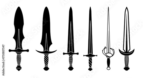 Illustration of assortment of six swords isolated on white background