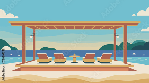 Illustration of a beach scene with lounge chairs under a pergola overlooking the ocean and mountains