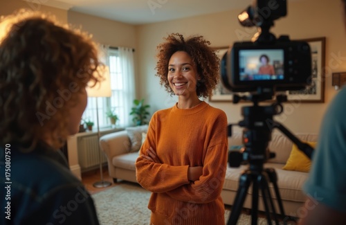 Woman films interview in cozy living room setup. Pro video camera, soft lighting, director prepares scene. Content creator records engaging home production.