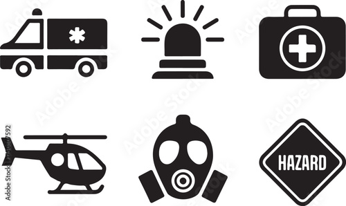 Emergency services icons ambulance helicopter medical hazard mask