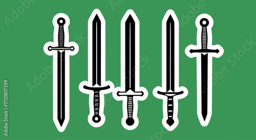 Illustration of five black swords on a green background