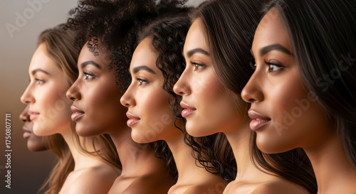 Diverse women in line, strong portrait.
